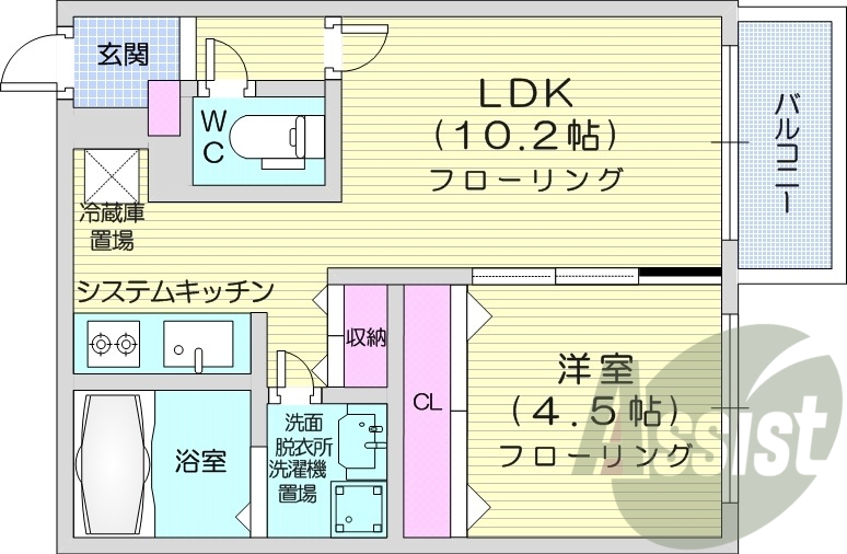 1LDK、エアコン、システムキッチン、追い焚き