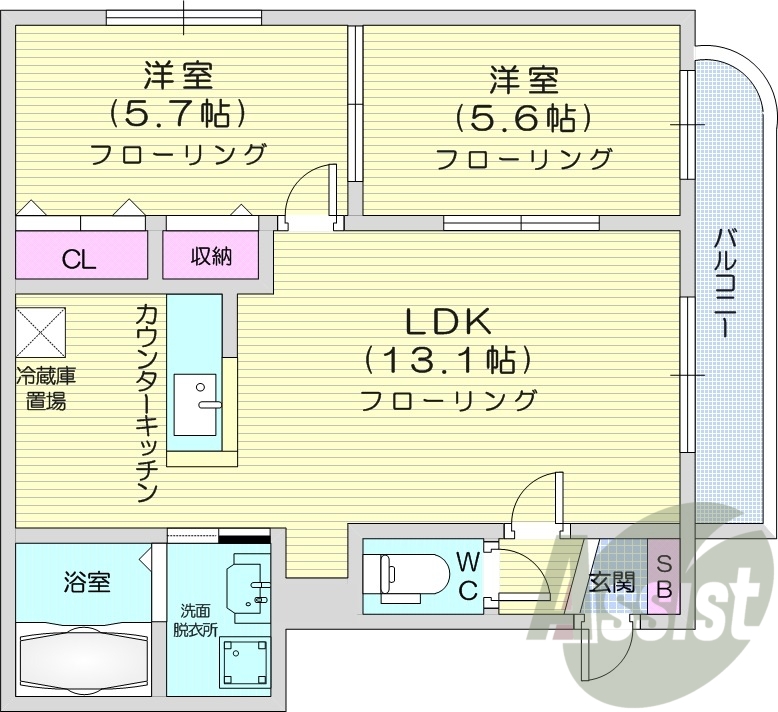2LDK、バルコニー、灯油暖房、角部屋、最上階