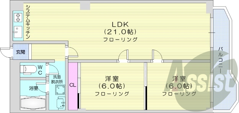 2LDK、都市ガス、エアコン、灯油暖房、シャンプードレッサー