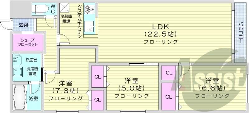 3LDK、都市ガス、追い炊き、エアコン、システムキッチン