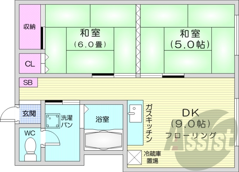 2DK、バストイレ別、シャンプードレッサー