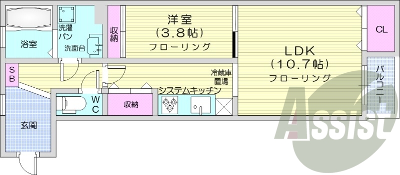 1LDK、都市ガス、エアコン、追い焚き、バルコニー