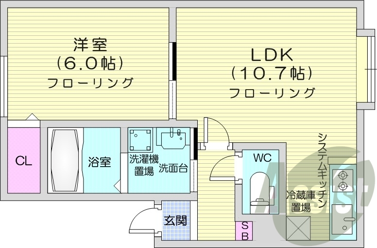 1LDK、エアコン、TV付モニターホン、脱衣所