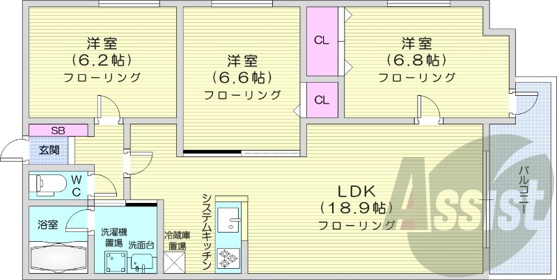 3LDK、都市ガス、追い炊き、エアコン、システムキッチン