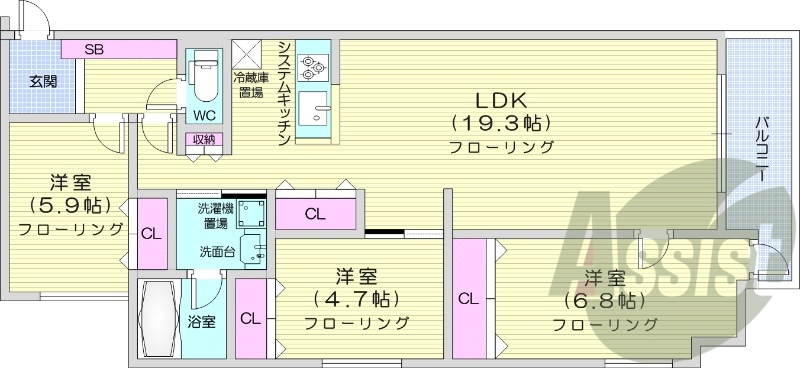 3LDK、都市ガス、追い炊き、エアコン、システムキッチン