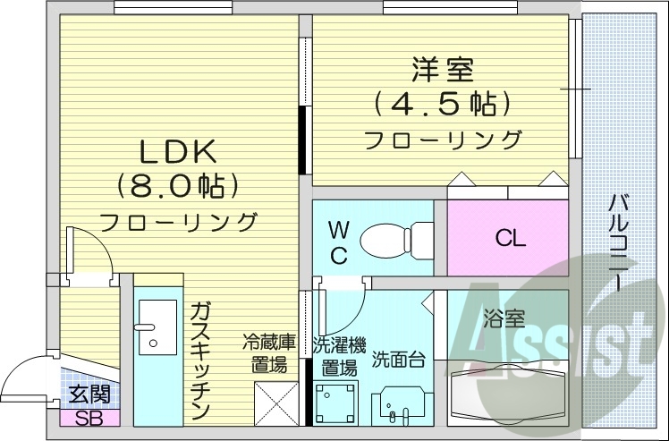 1LDK、灯油暖房、独立洗面台、バス・トイレ別、ガス給湯器
