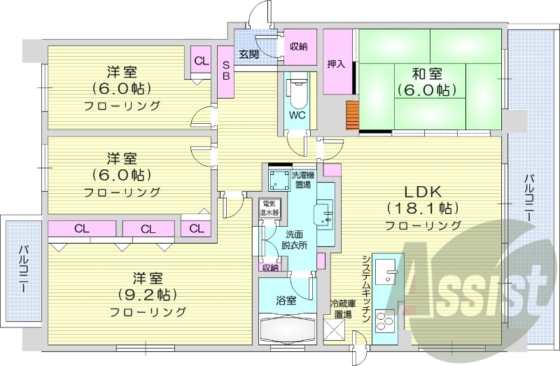 4LDK、ペット可、角部屋、オール電化、床暖房、エアコン