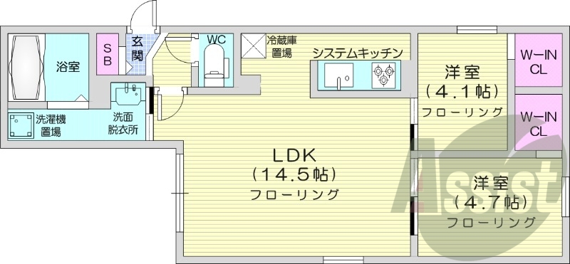 2LDK、角部屋、追炊き、エアコン、ネット無料