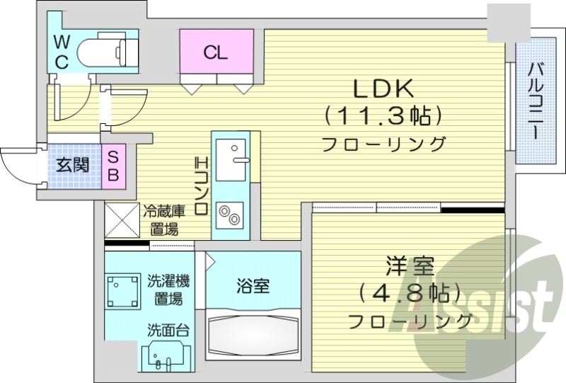 1LDK、都市ガス、ネット無料、角部屋、エアコン
