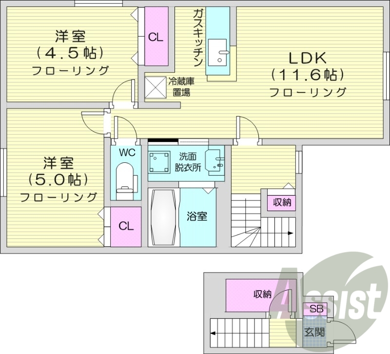 2LDK、対面キッチン、モニター付きインターホン