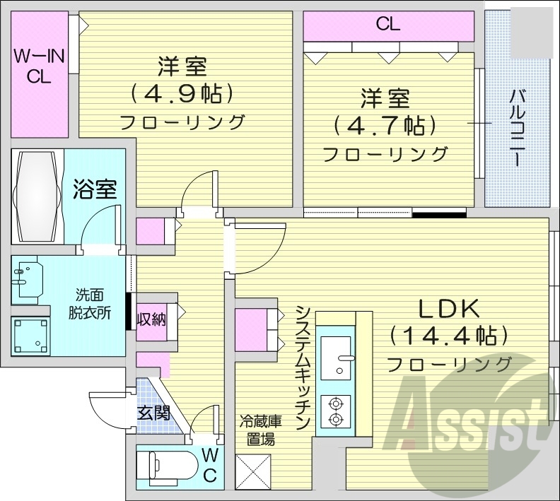 2LDK、都市ガス、ネット無料、エアコン、オートロック