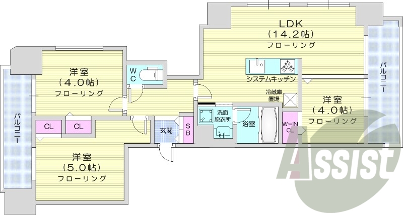 3LDK、都市ガス、ペット可、追炊き、システムキッチン