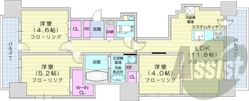 3LDK、都市ガス、ペット可、追炊き、システムキッチン