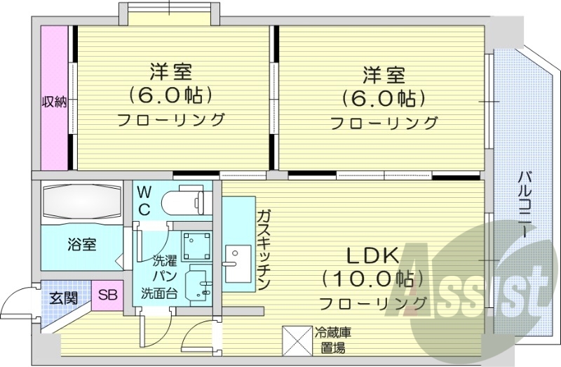 2LDK、モニタ付インターホン、バルコニー、エレベーター
