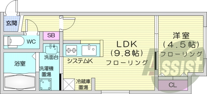 1LDK、システムキッチン、エアコン、都市ガス、ネット無料