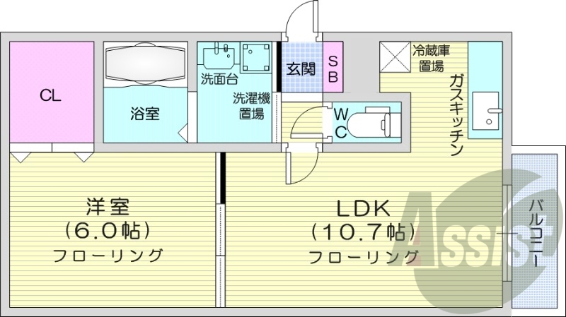1LDK、都市ガス、浴室乾燥機、ネット無料、オートロック