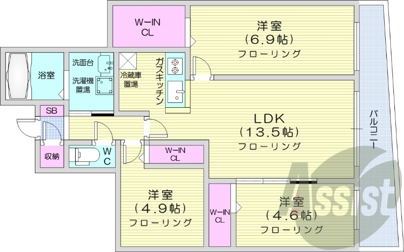 3LDK、エアコン、システムキッチン、ネット無料