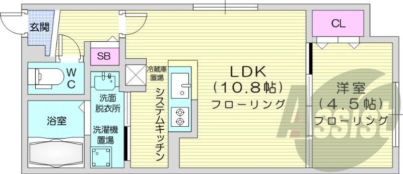 1LDK、エアコン、システムキッチン、ネット無料