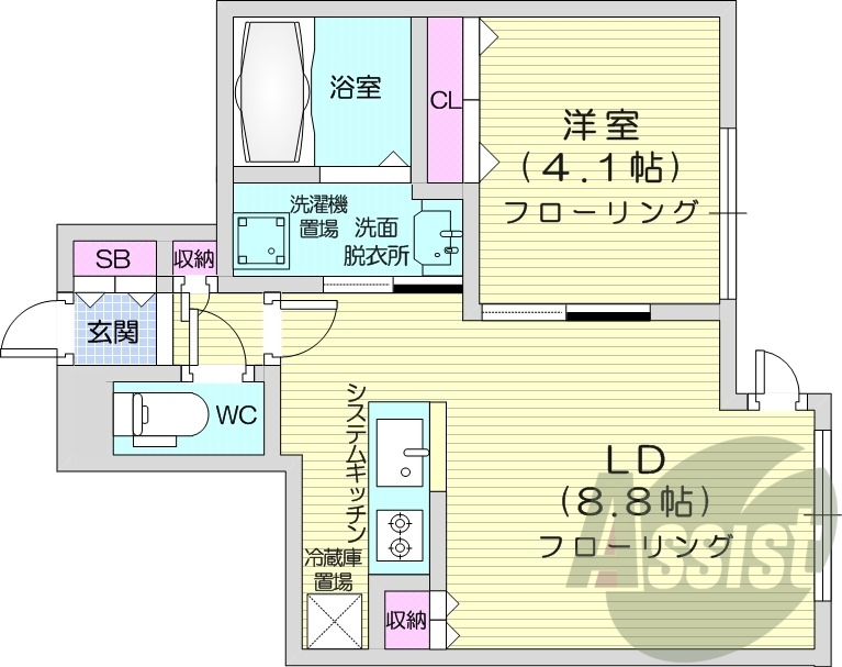 1LDK、都市ガス、システムキッチン、ネット無料