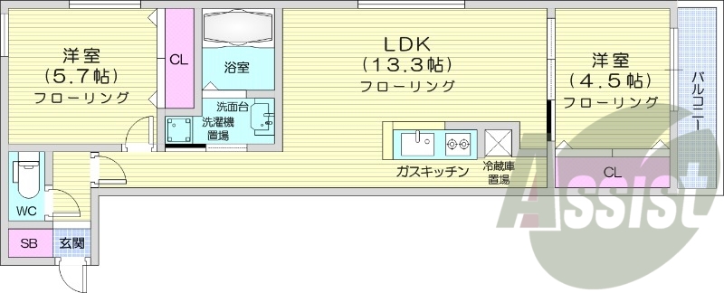 2LDK、都市ガス、ペット可、エアコン、ネット無料
