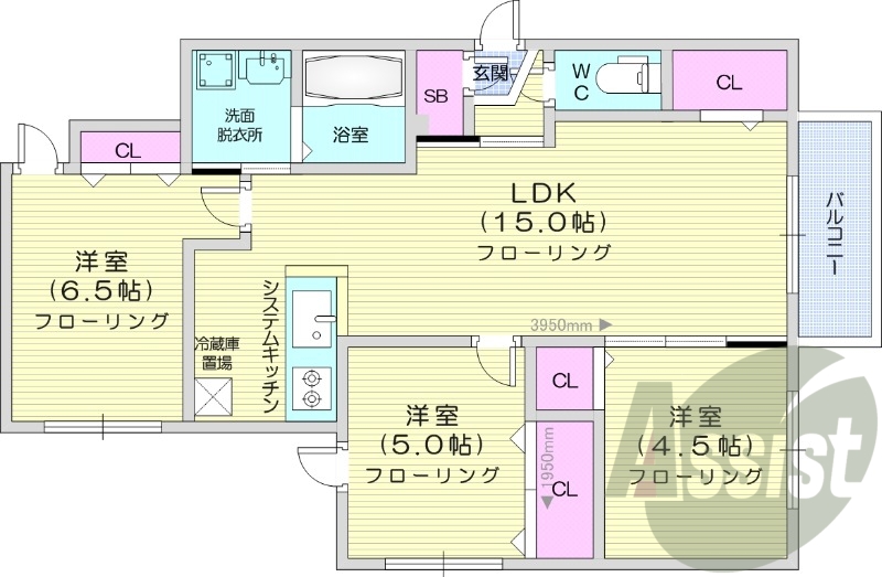 3LDK、都市ガス、追い焚き、エアコン、宅配ボックス