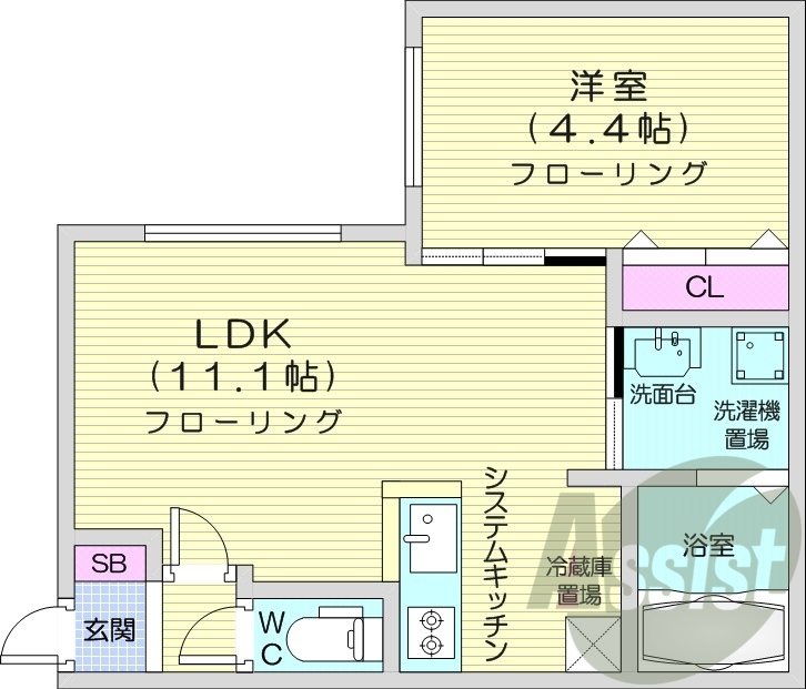 1LDK、都市ガス、システムキッチン、エアコン、ネット無料