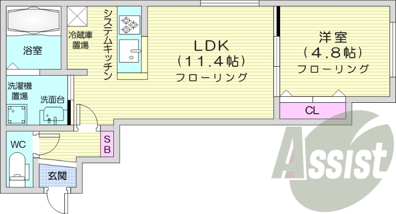 1LDK、都市ガス、システムキッチン、エアコン、ネット無料