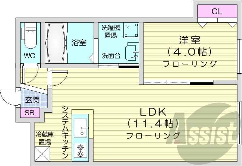 1LDK、都市ガス、システムキッチン、エアコン、ネット無料