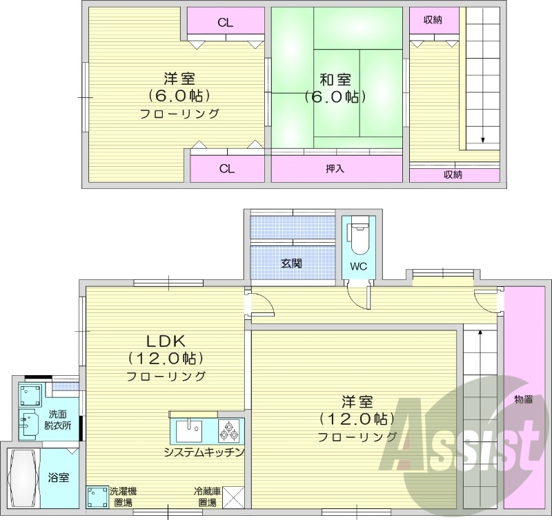 3LDK、システムキッチン、都市ガス、灯油暖房、収納スペース
