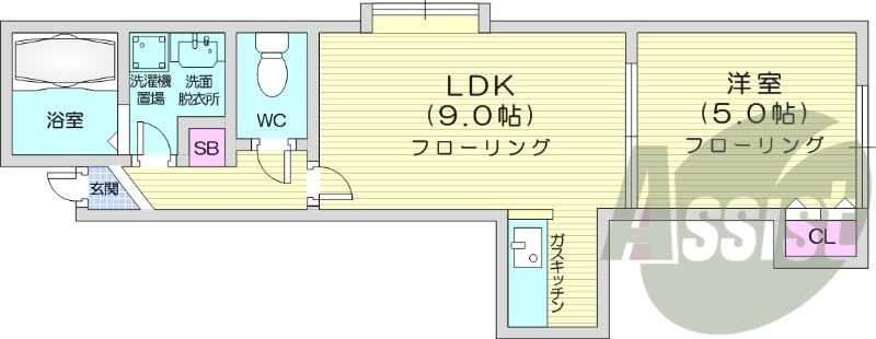 1LDK、角部屋、バストイレ別、TVインターホン