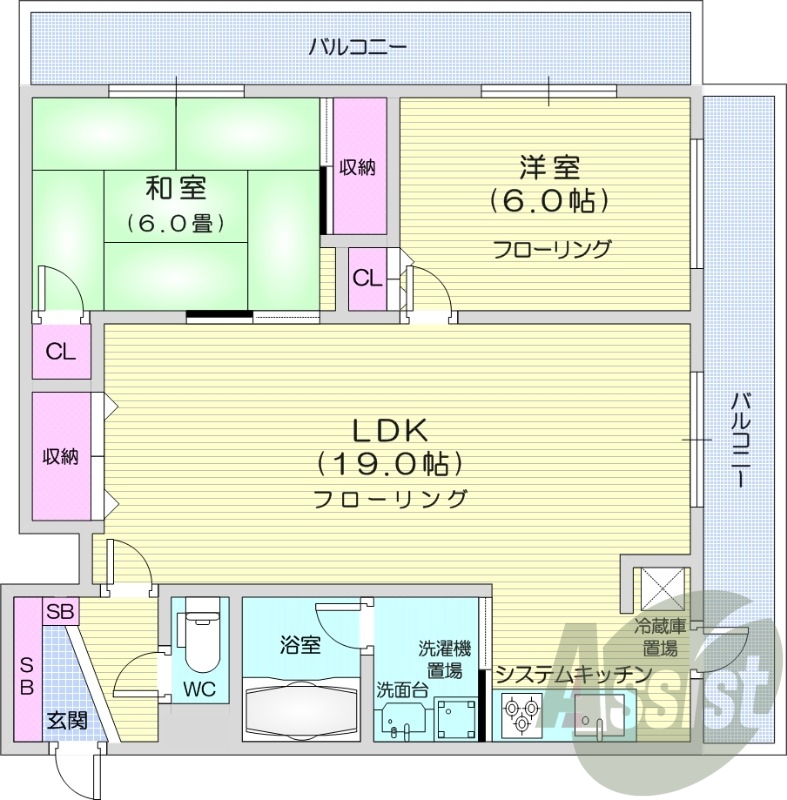 2LDK、都市ガス、オートロック、システムキッチン