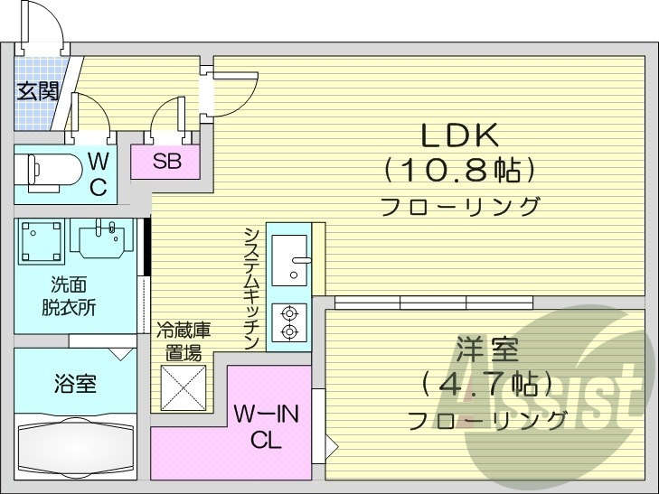 1LDK、システムキッチン、エアコン、室内洗濯機置場