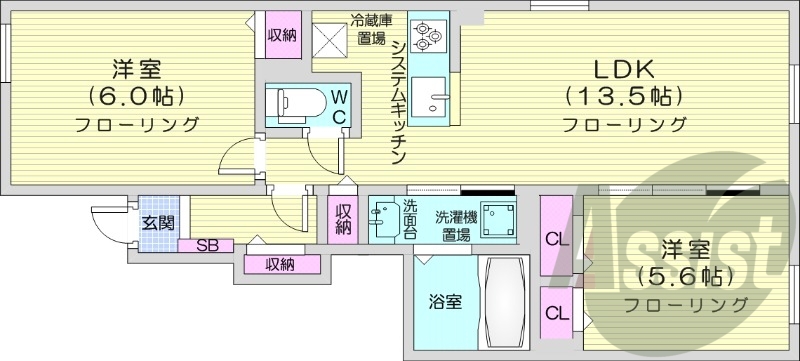 2LDK、システムキッチン、追い焚き、浴室乾燥機、エアコン