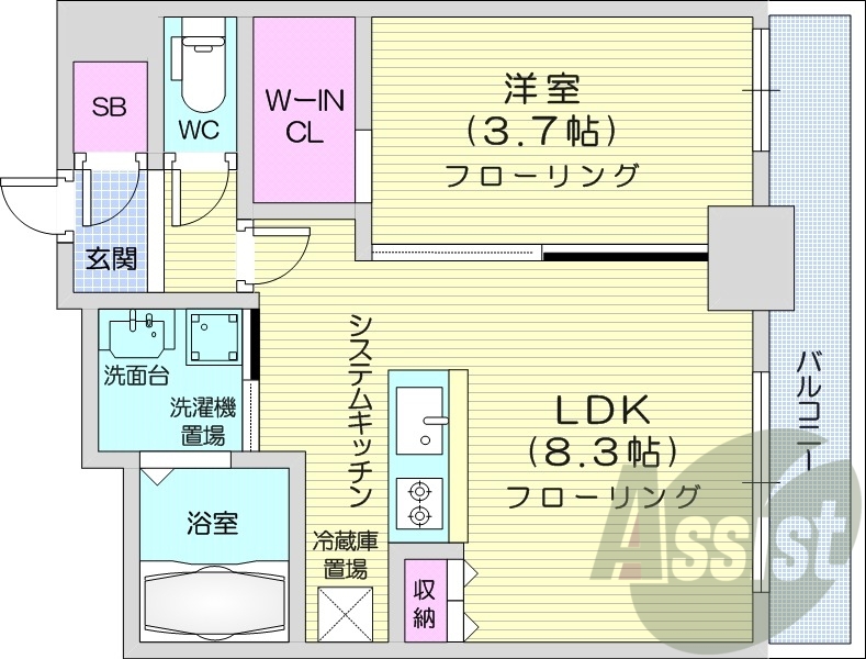 1LDK、都市ガス、エアコン、ウォークインクローゼット