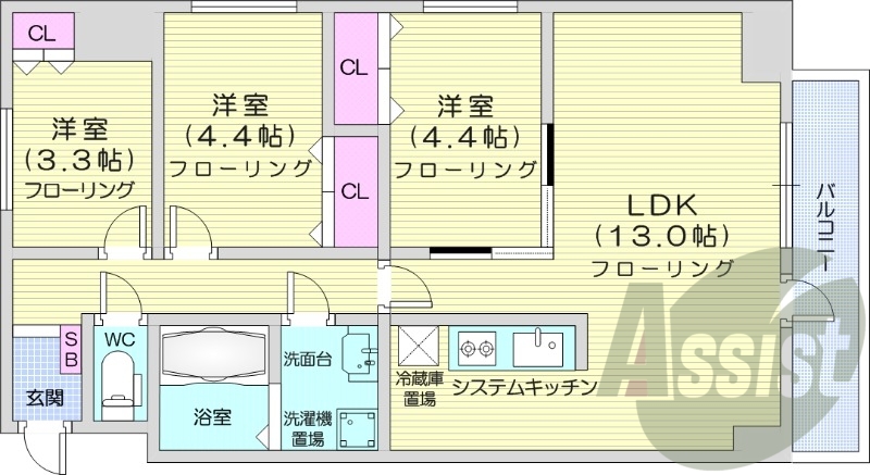 3LDK、インターネット無料、エアコン、シャワートイレ