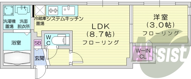 1LDK、システムキッチン、エアコン、オートロック、