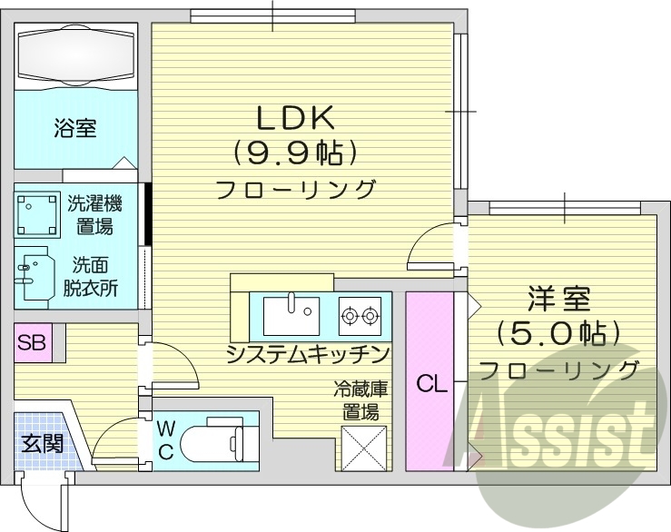 1LDK、システムキッチン、都市ガス、ネット無料