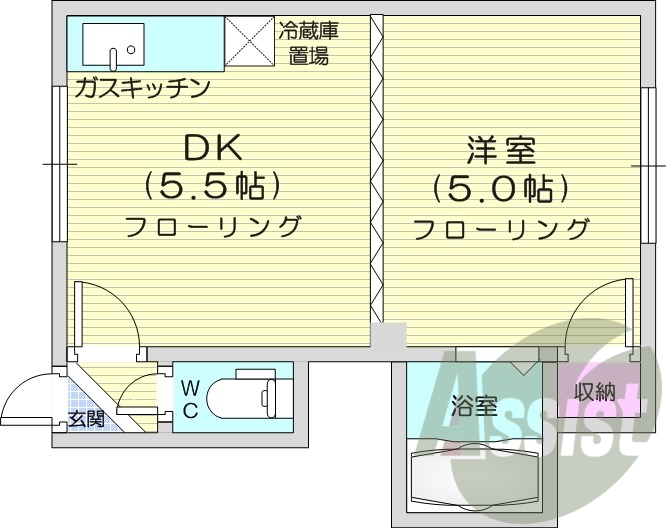 1DK、押入、バストイレ別、ガスキッチン、洗濯機置場
