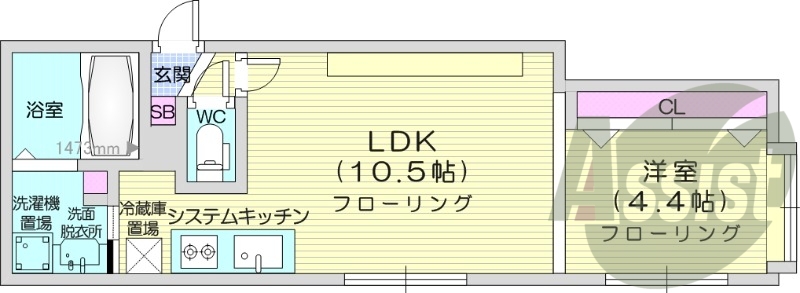 1LDK 、システムキッチン、クローゼット、都市ガス