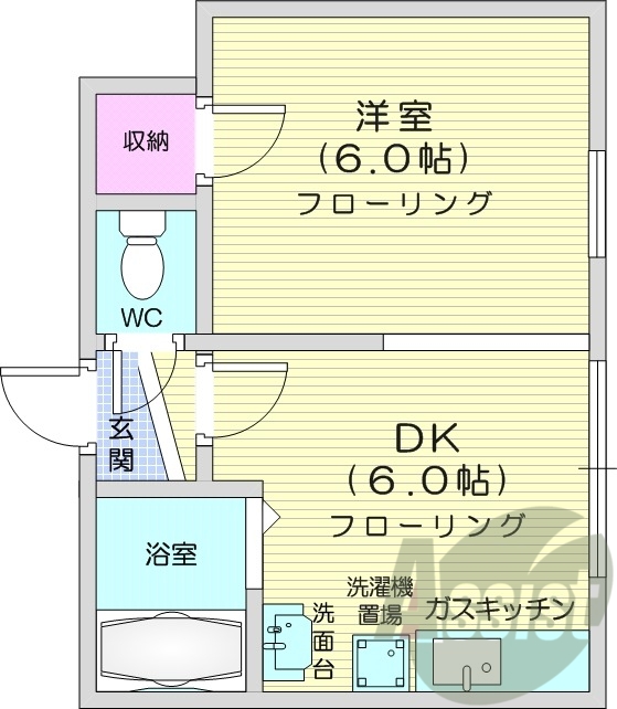 1DK、ガス暖房、バストイレ別、シャンプードレッサー