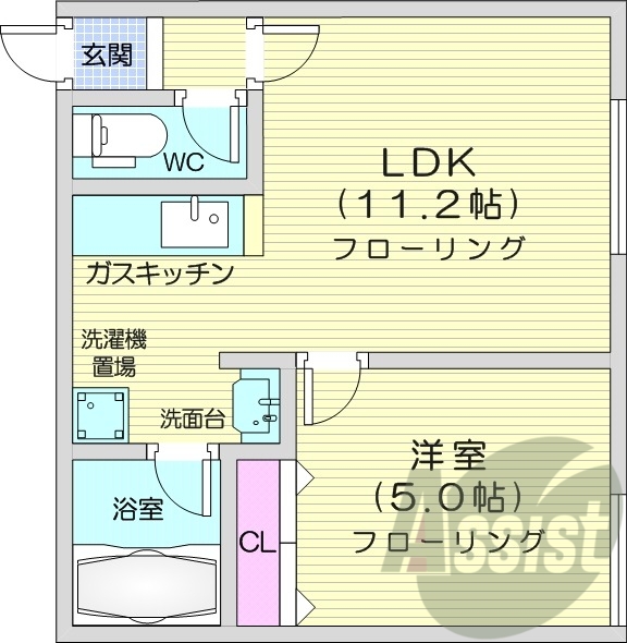1LDK、灯油暖房、日当たり良好、バストイレ別