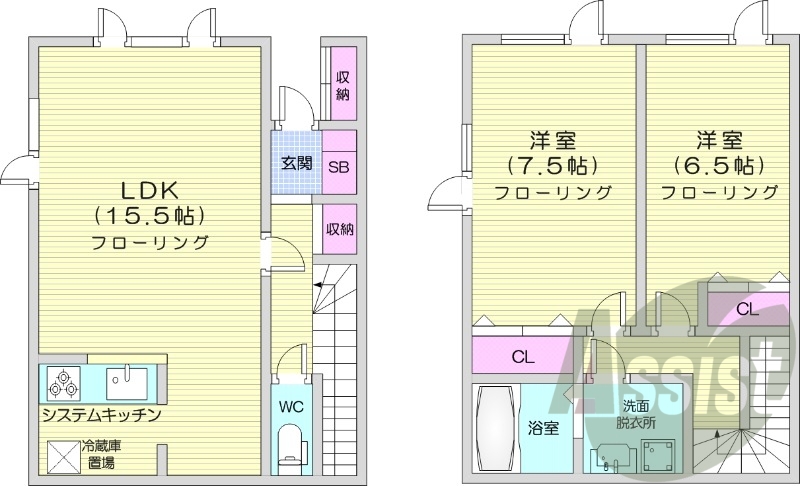 2LDK、1坪バス、メゾネット、追い炊き
