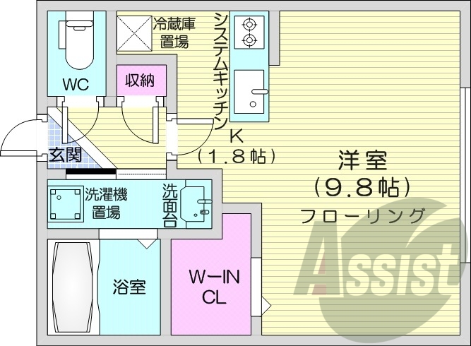 1K、エアコン、シャワートイレ、システムキッチン、独立洗面台