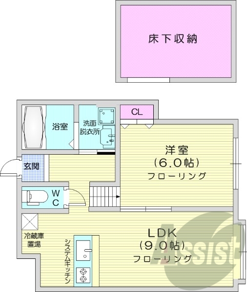 1LDK、床下収納、ペット相談可、エアコン