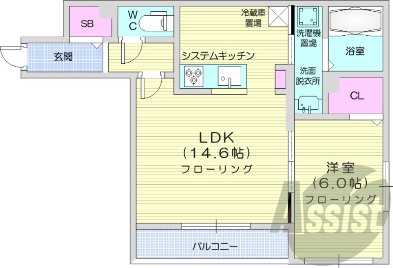 1LDK、都市ガス、システムキッチン、エアコン