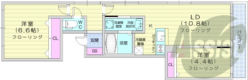 2LDK、都市ガス、エアコン、浴室乾燥機、システムキッチン