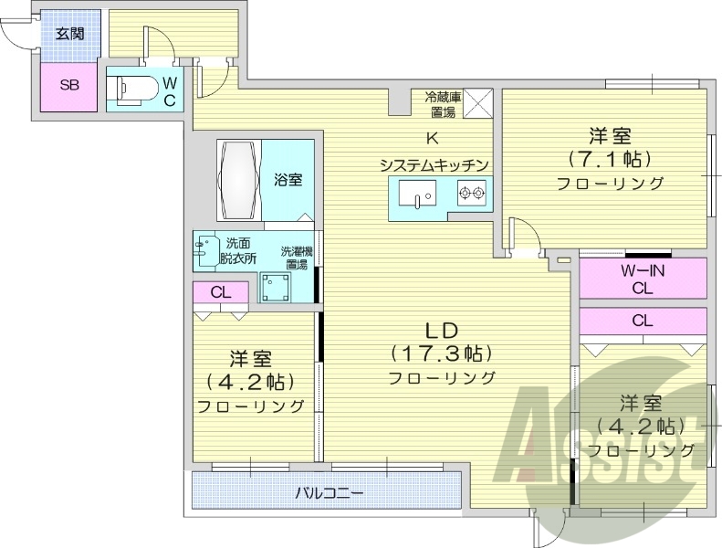 3LDK、都市ガス、エアコン、浴室乾燥機、システムキッチン