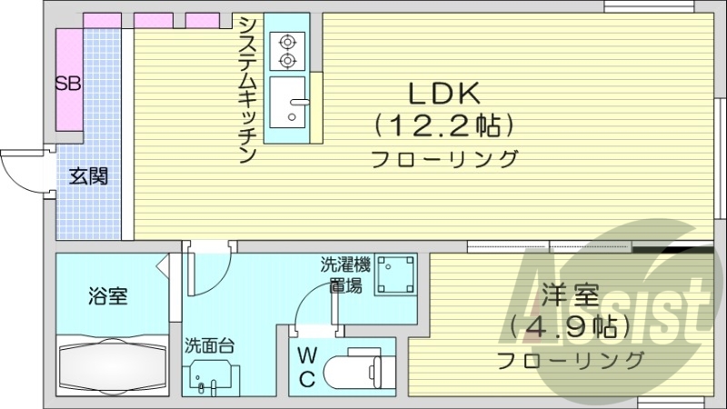 1LDK、エアコン、システムキッチン、浴室乾燥機、灯油暖房