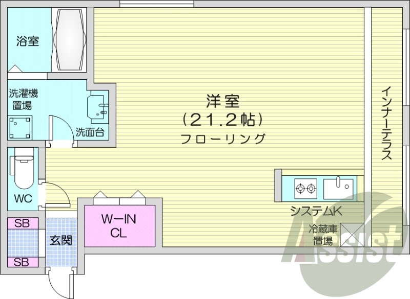 1R、エアコン、システムキッチン、浴室乾燥機、灯油暖房