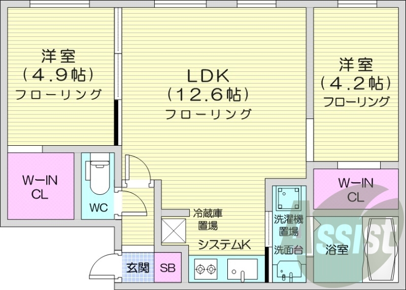 2LDK、追い焚き、エアコン、ウォークインクローゼット
